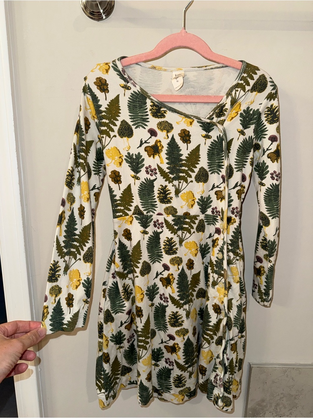kate quinn Cream Long-Sleeve Dress with Green Fern & Yellow Floral Print